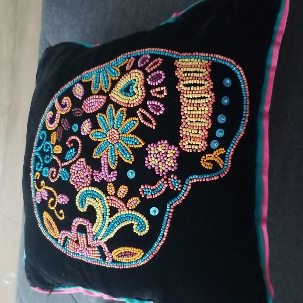 Black Velvet Beaded Sugar Skull Day of the Dead Accent Pillow